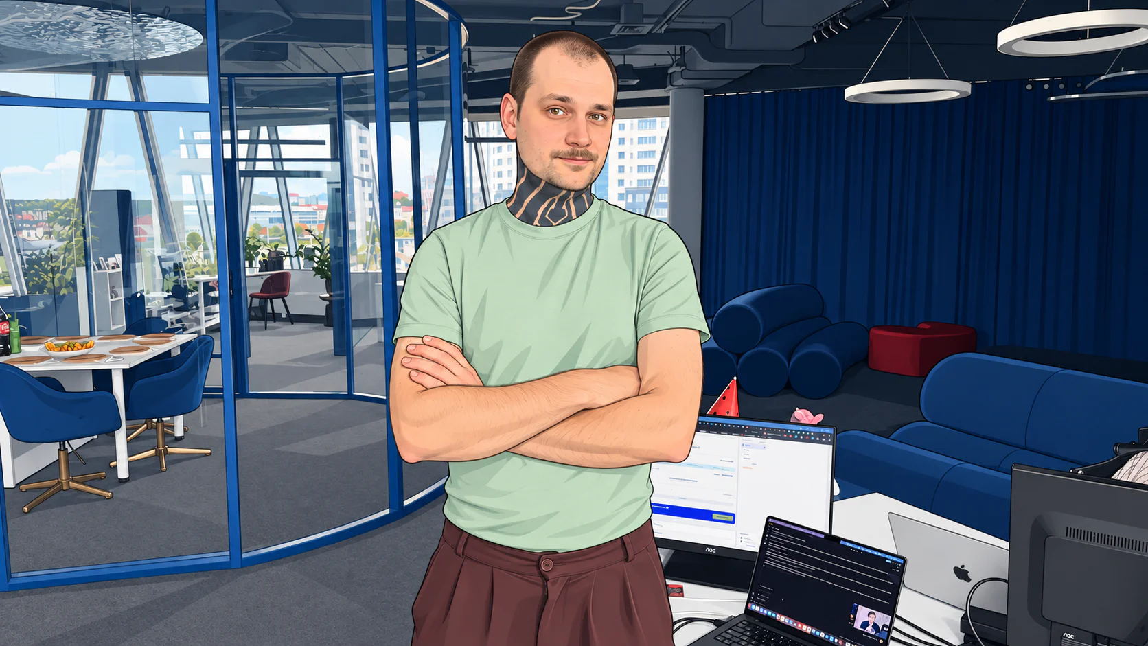 Иллюстрация мужчины с татуировкой на шее в современном светлом офисе с панорамными окнами