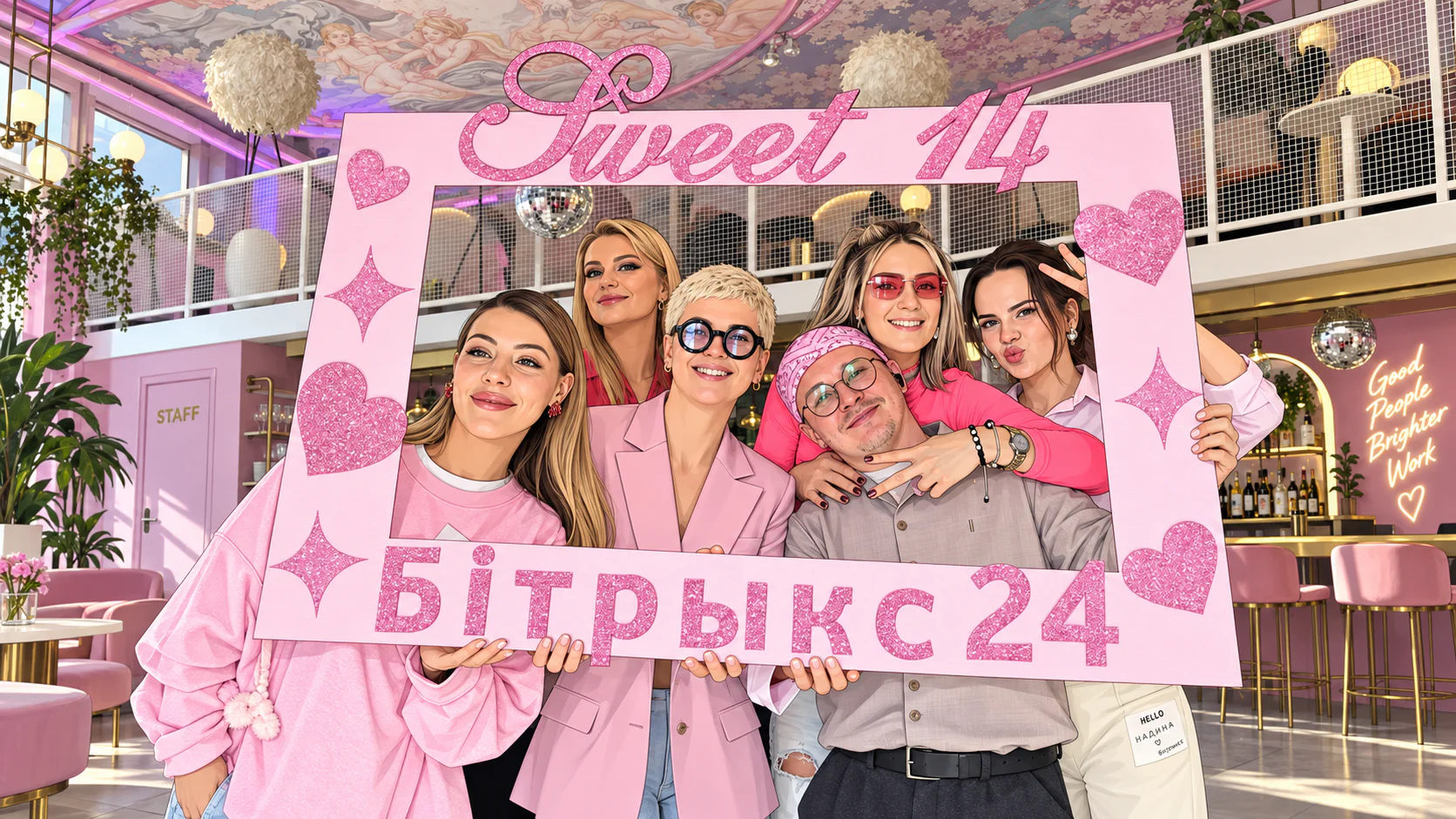 Коллеги позируют с розовой фоторамкой «Битрикс24» и надписью Sweet 14