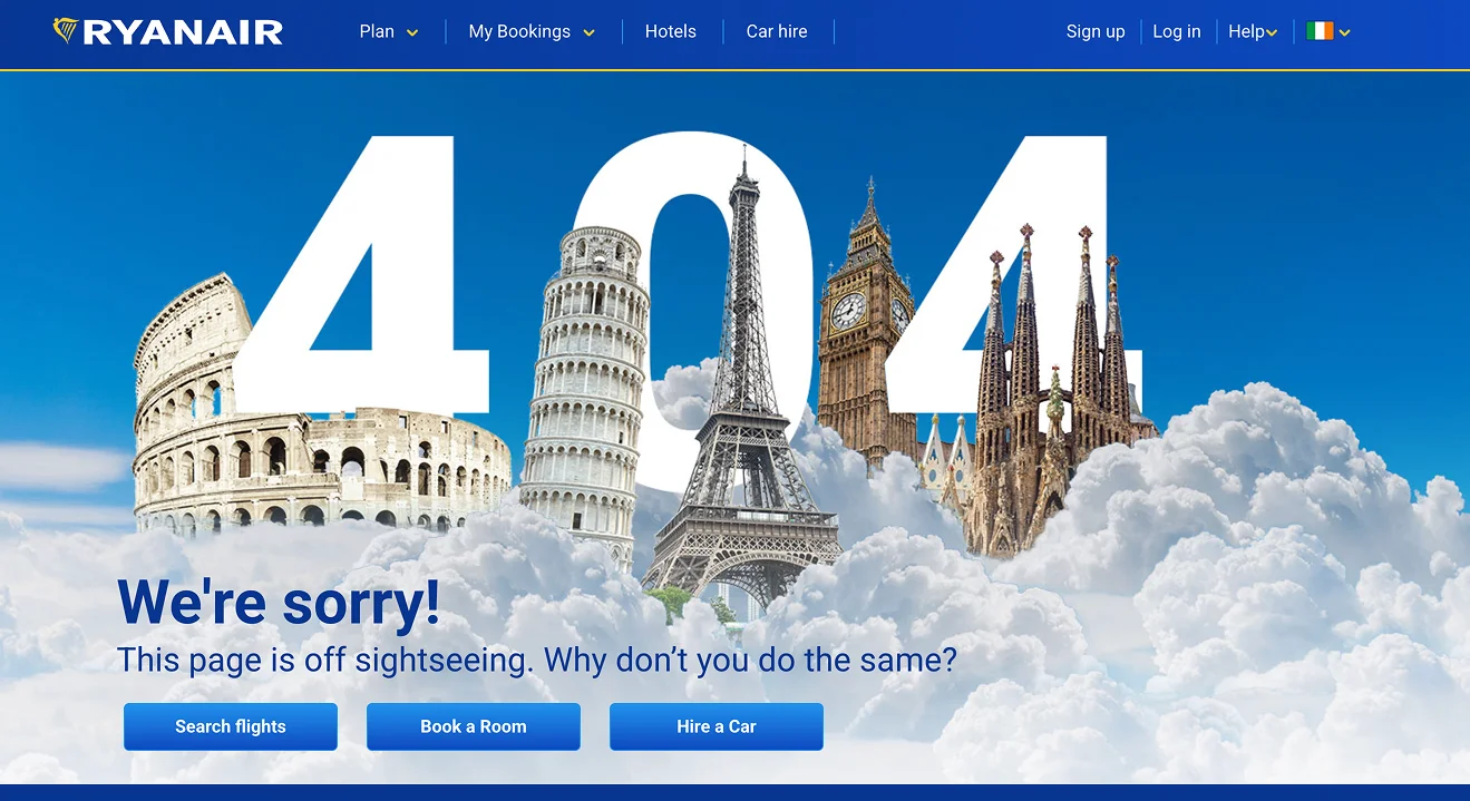 пример страницы 404 авиакомпании с призывом к путешествию