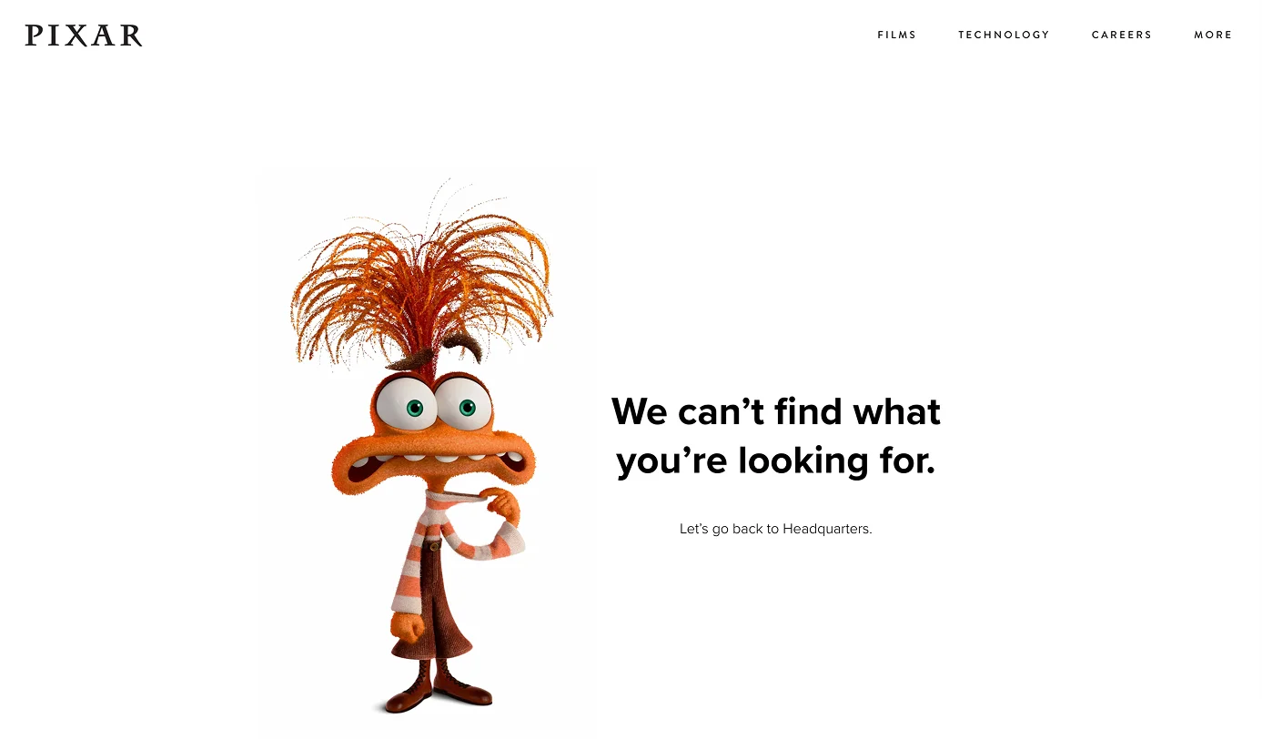 пример страницы 404 Pixar с персонажами мультфильмов