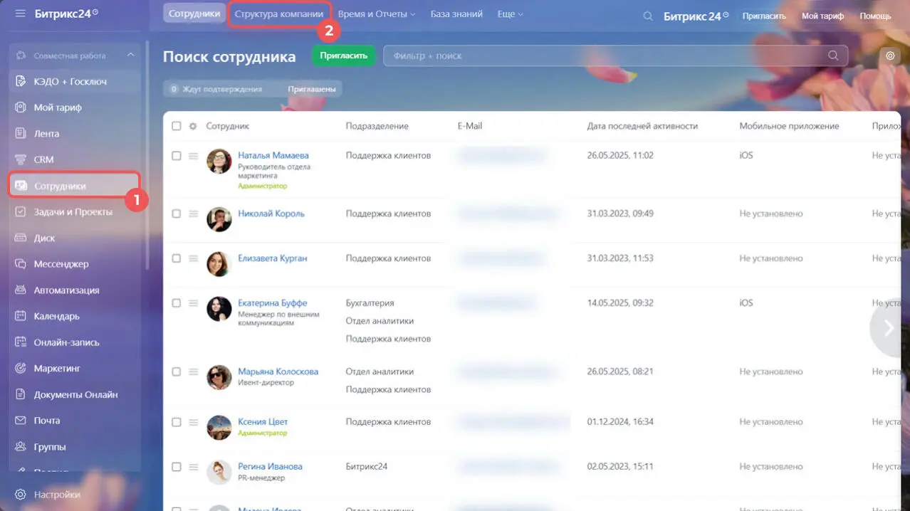 Интерфейс Битрикс24 - структура компании - сотрудники