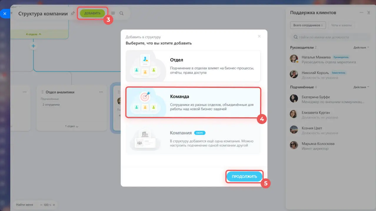 Интерфейс Битрикс24 - структура компании - команда