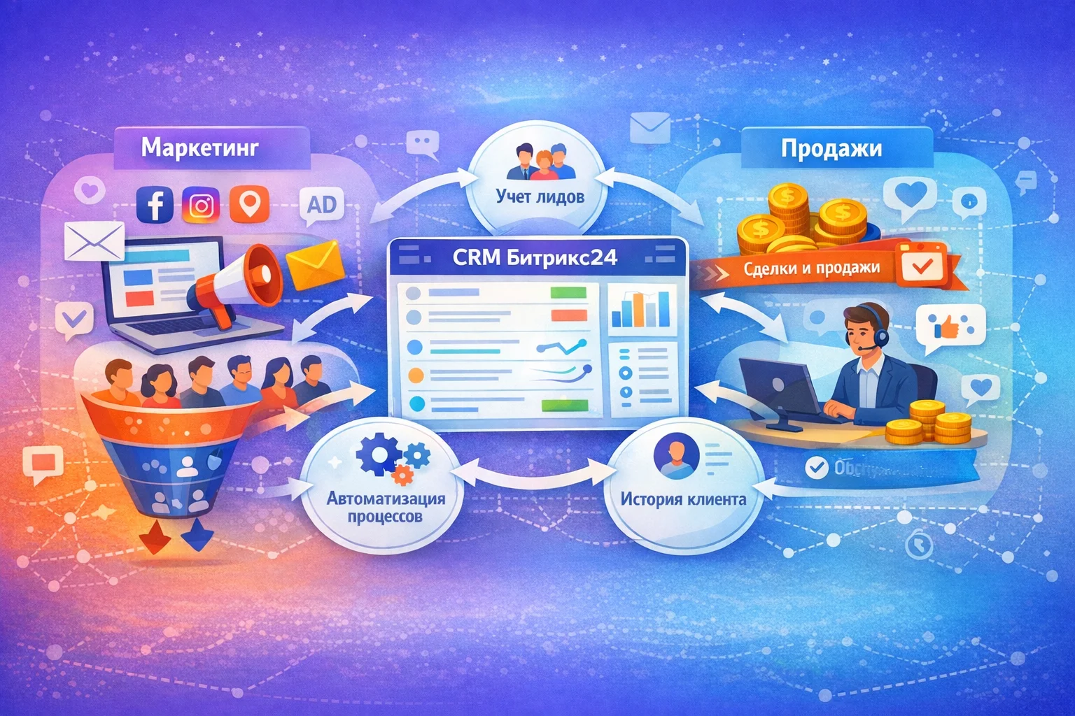 CRM Битрикс24 объединяет маркетинг, учет лидов и продажи в единую систему